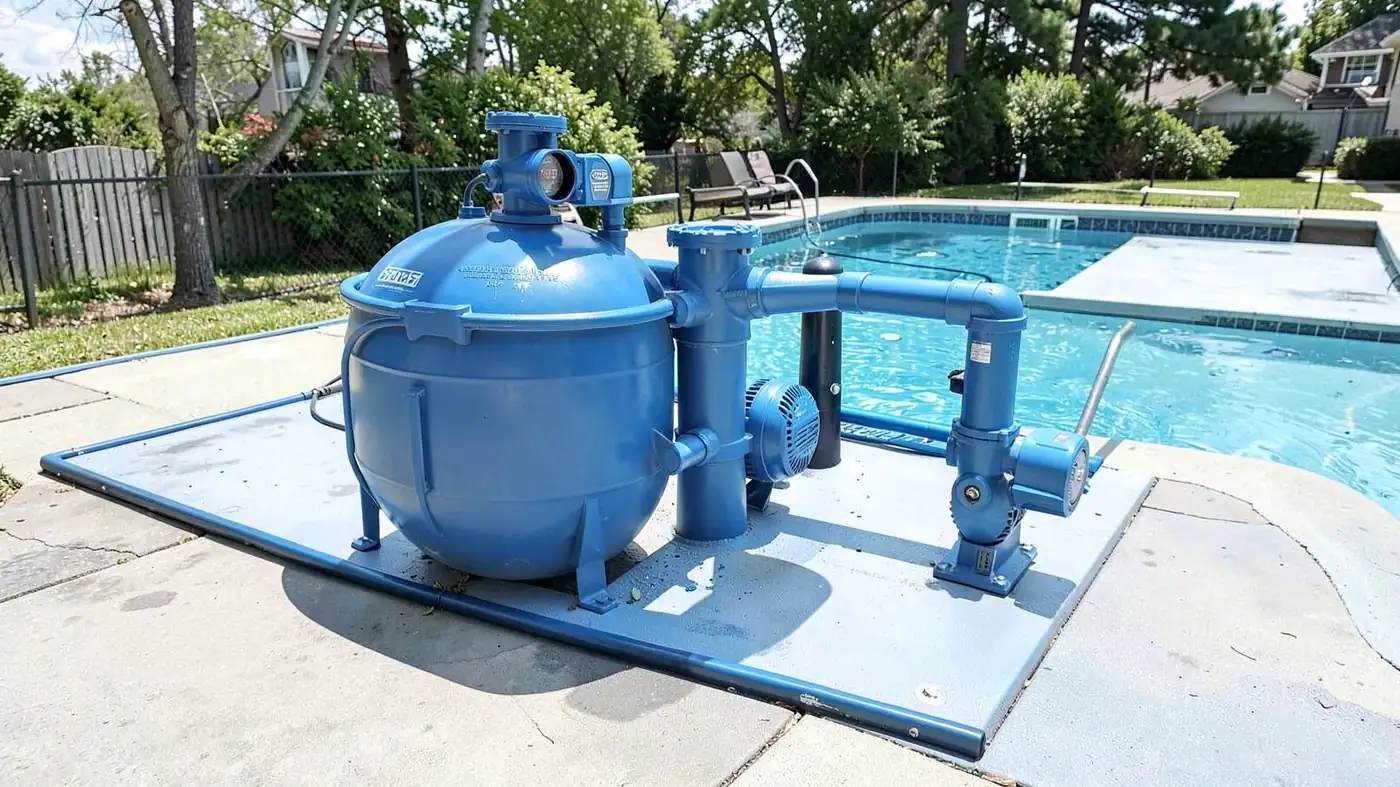 Pool equipment pad with filter tank and plumbing