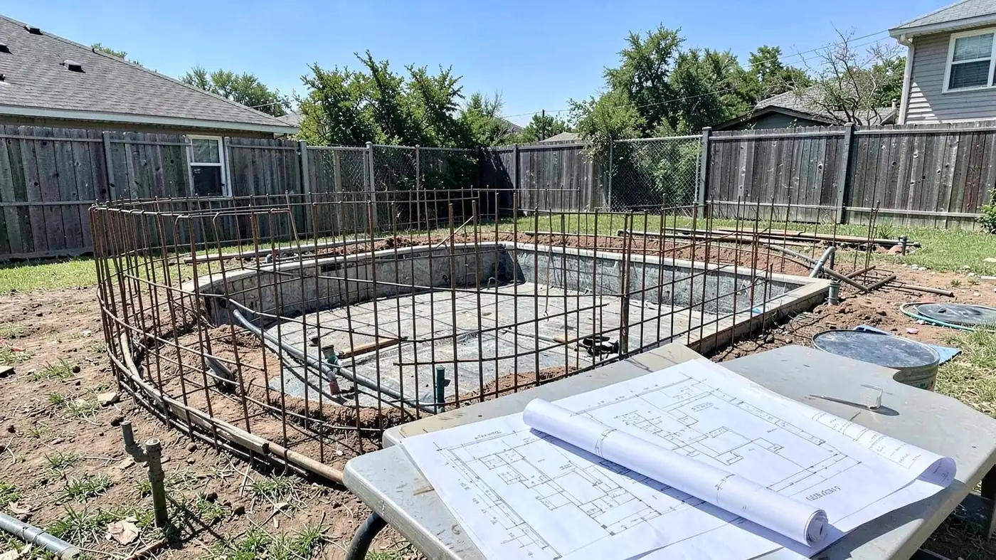 Pool under construction with rebar shell, plumbing rough-in, and plans on a table
