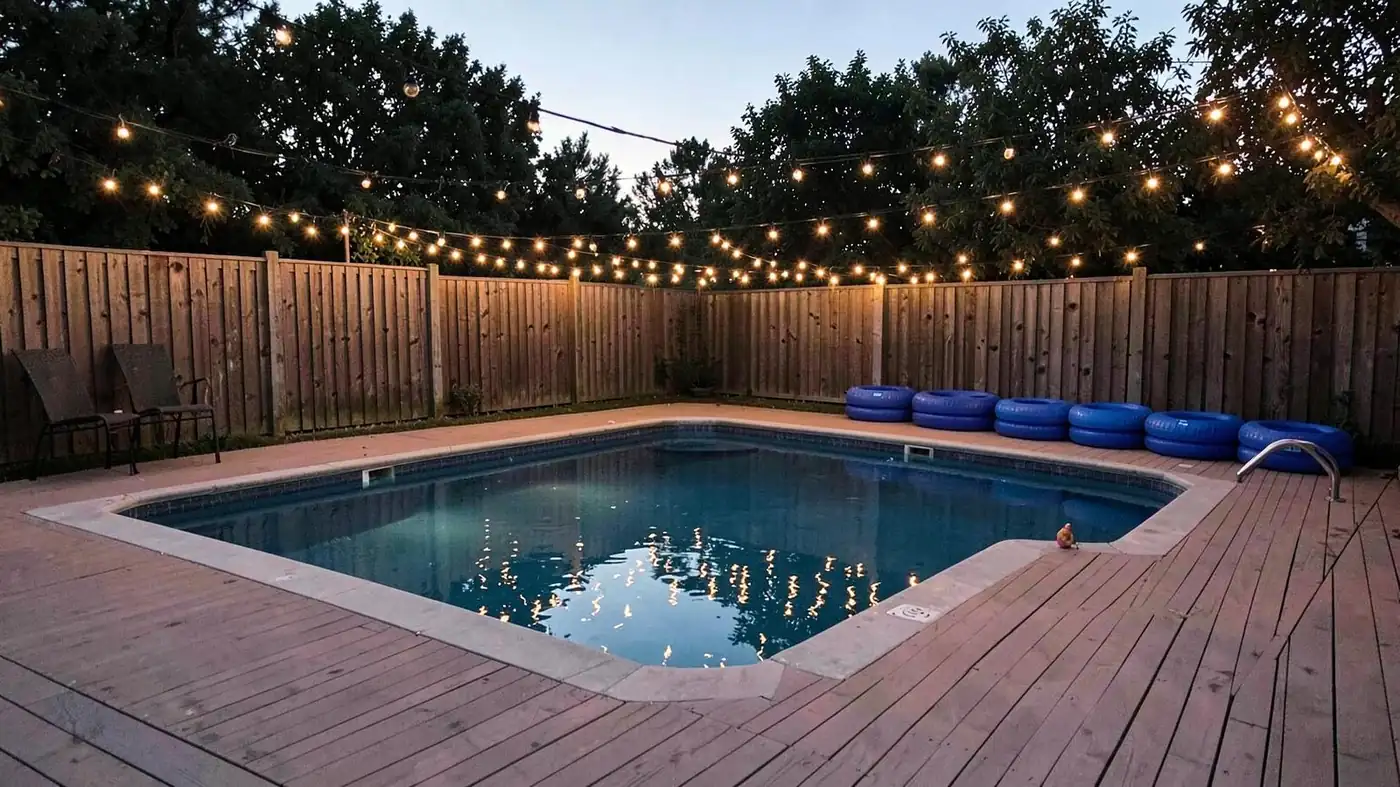 Leaves floating on the surface of a backyard swimming pool