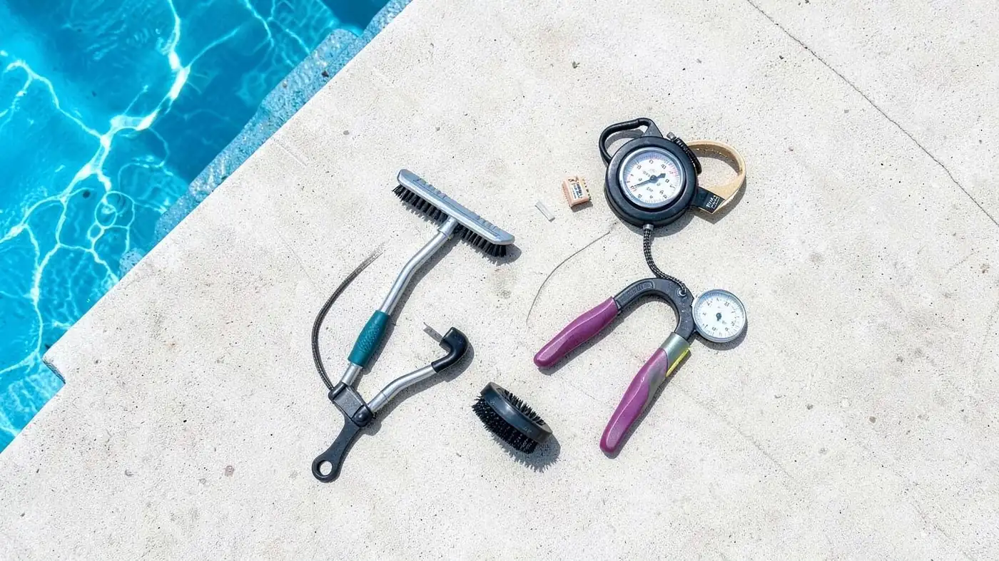Pool service tools laid out on a deck beside blue water