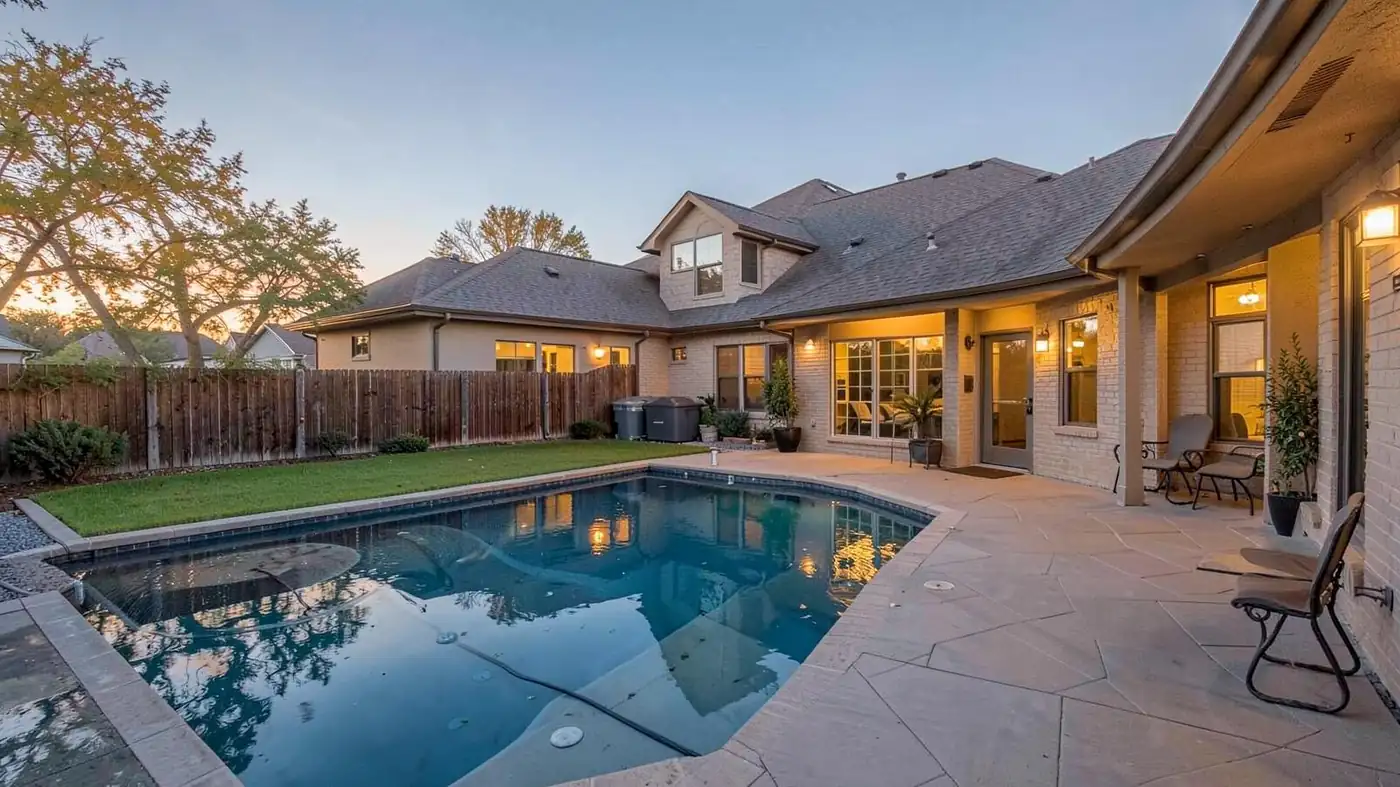 Texas home with a backyard pool at dusk