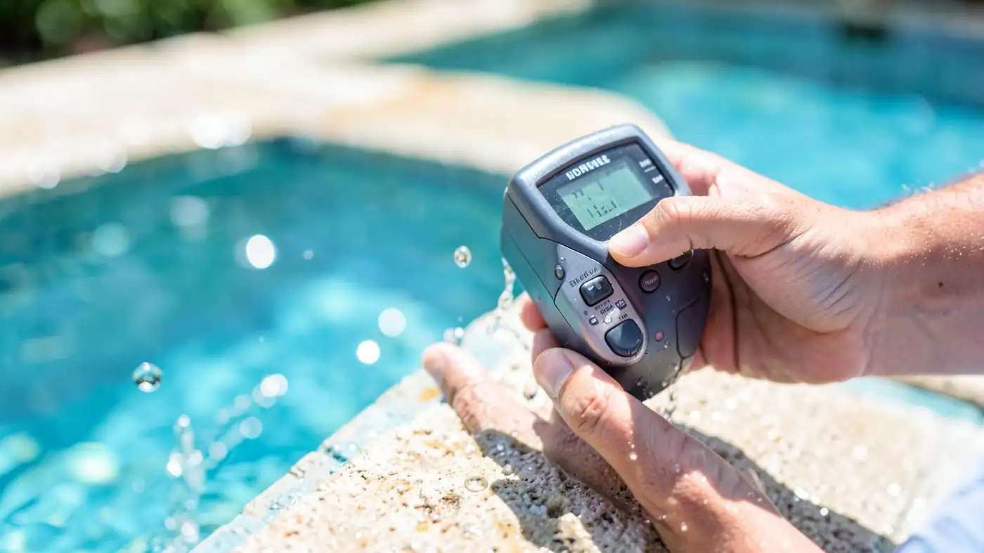 Digital pool water test meter held beside a pool