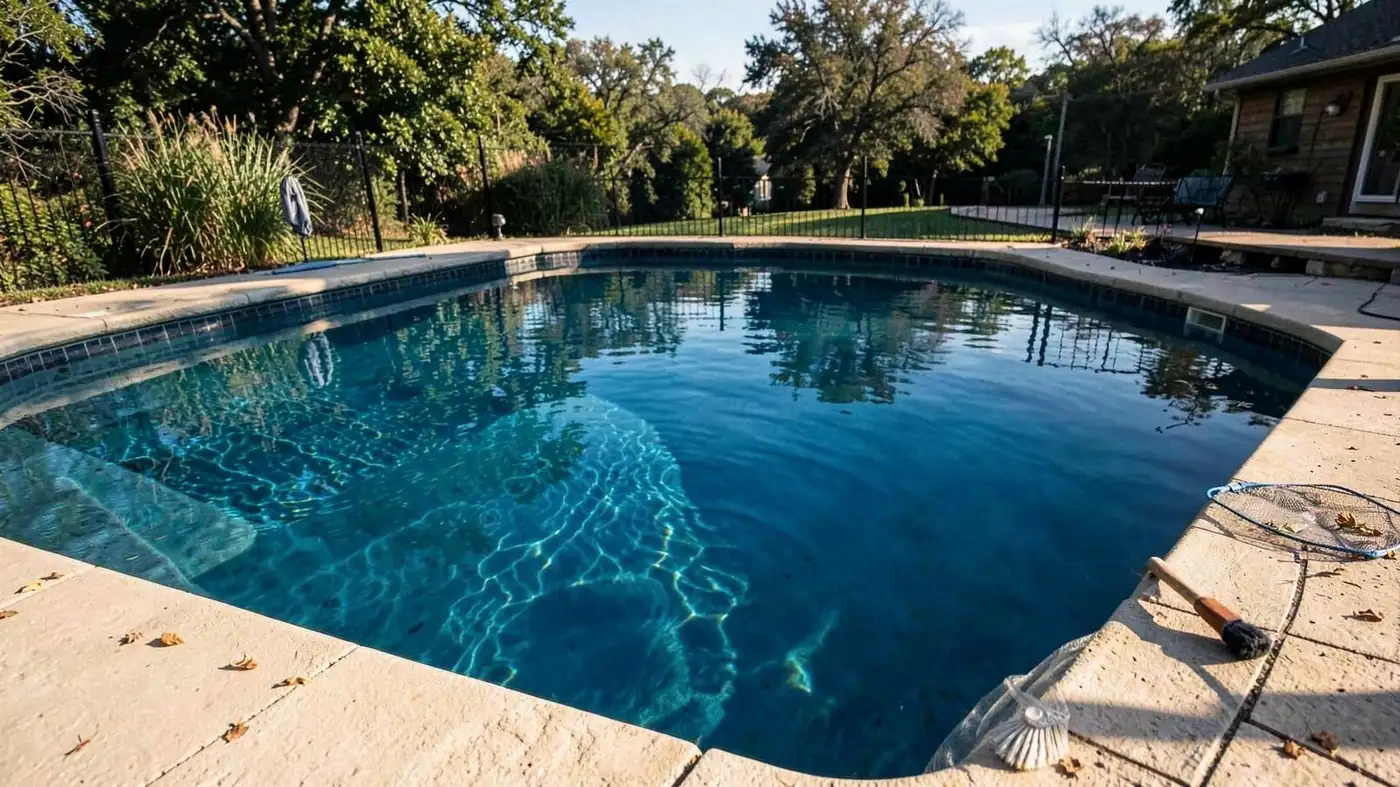 Pool technician testing water at the edge of a residential pool